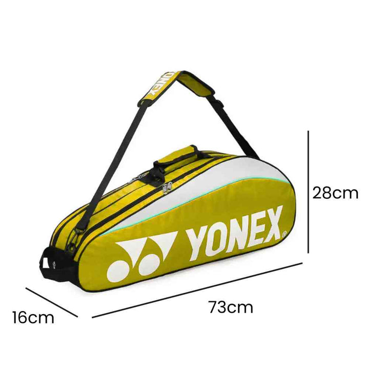 Raqueteira Yonex 3 Raquetes azul, exibindo suas dimensões de 73cm de comprimento, 28cm de altura e 16cm de largura, ideal para transporte de equipamentos urbanno