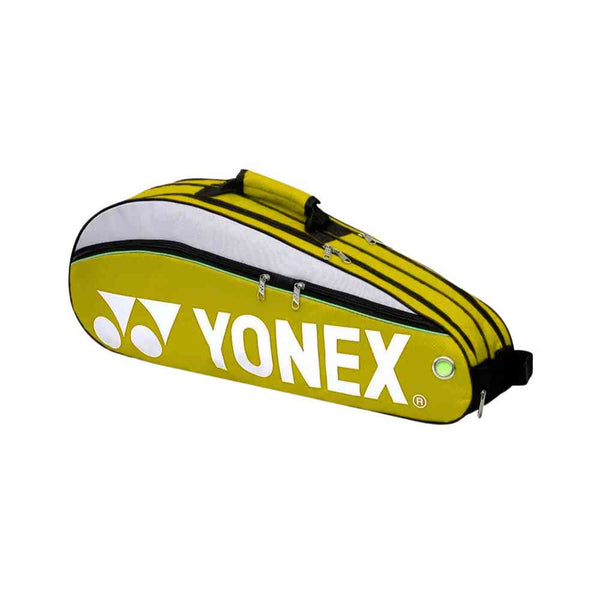 Raqueteira Yonex 3 Raquetes amarela, vista frontal, com detalhes em branco e verde, e zíperes duplos, ideal para tênis e badminton urbanno