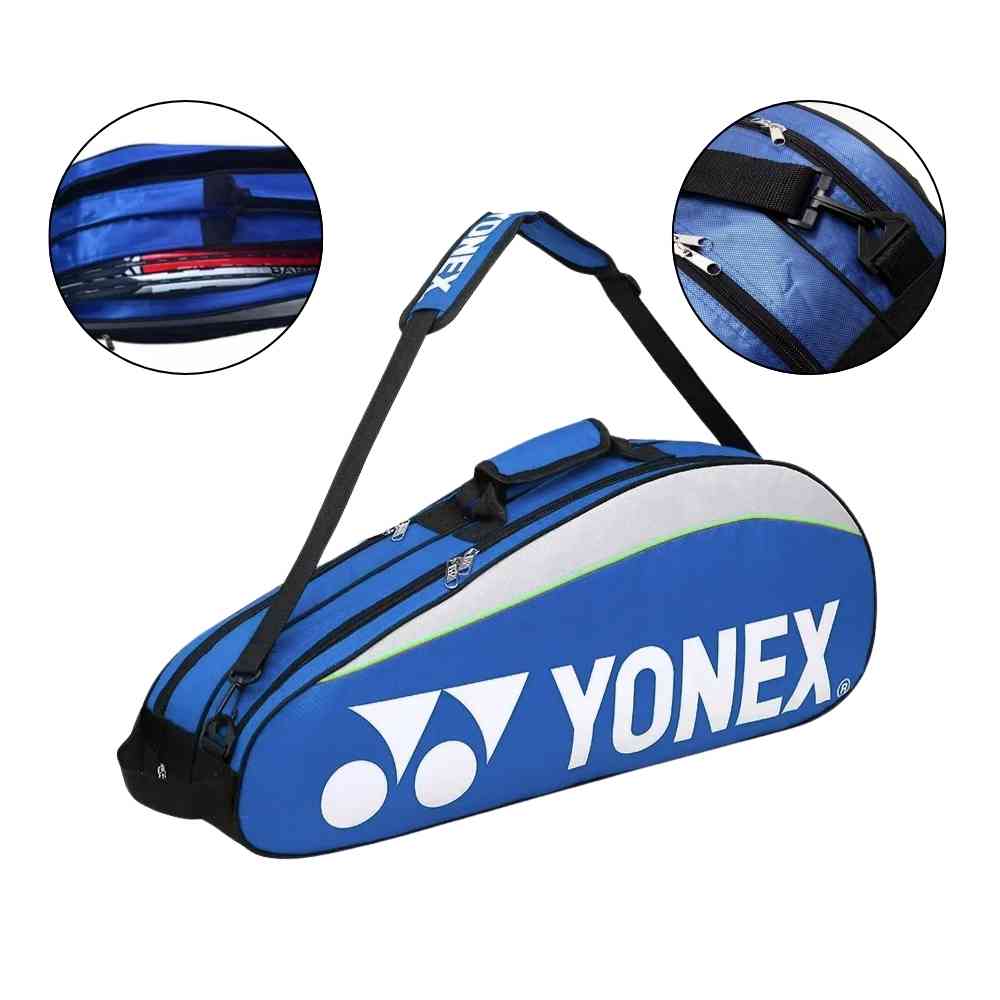 Raqueteira Yonex 3 Raquetes azul, mostrando detalhes da alça de ombro ajustável, engate resistente e alça de mão acolchoada, garantindo conforto no transporte urbanno
