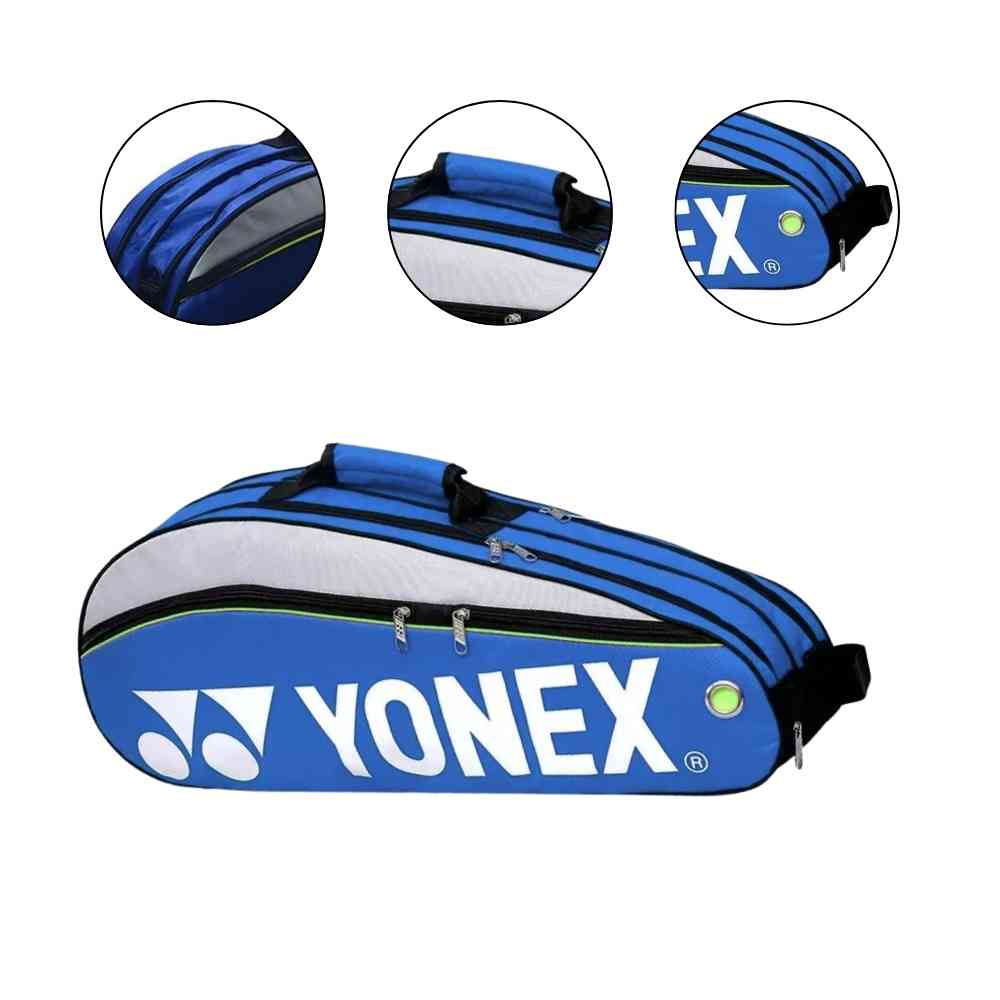 Raqueteira Yonex 3 Raquetes azul, mostrando detalhes do material, zíperes, costuras reforçadas e um sapato dentro do compartimento dedicado, destacando a organização e proteção urbanno
