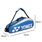 Raqueteira Yonex 3 Raquetes azul, exibindo suas dimensões de 73cm de comprimento, 28cm de altura e 16cm de largura, ideal para transporte de equipamentos urbanno