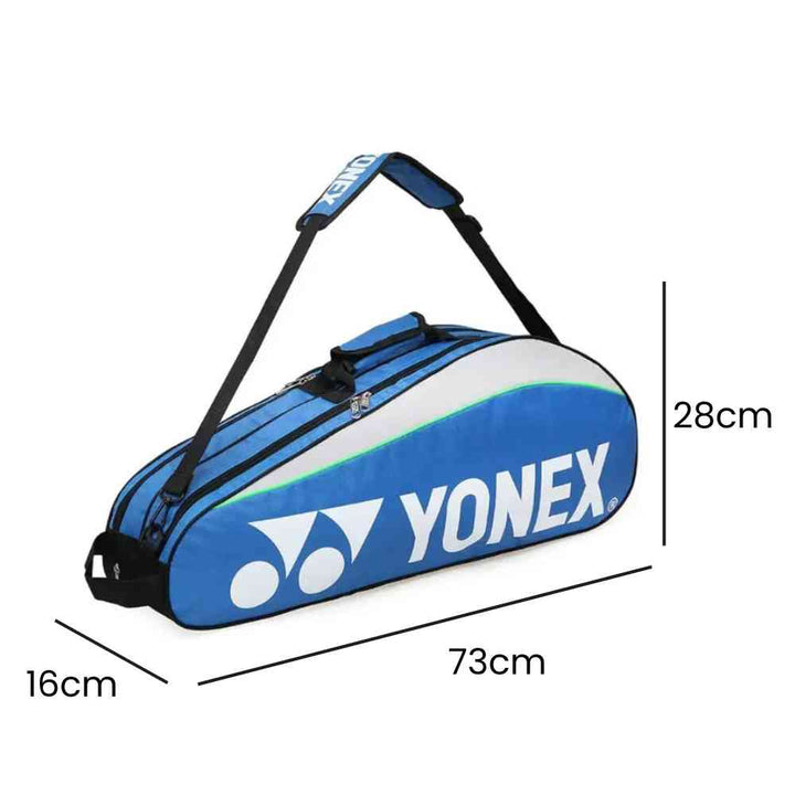 Raqueteira Yonex 3 Raquetes azul, exibindo suas dimensões de 73cm de comprimento, 28cm de altura e 16cm de largura, ideal para transporte de equipamentos urbanno