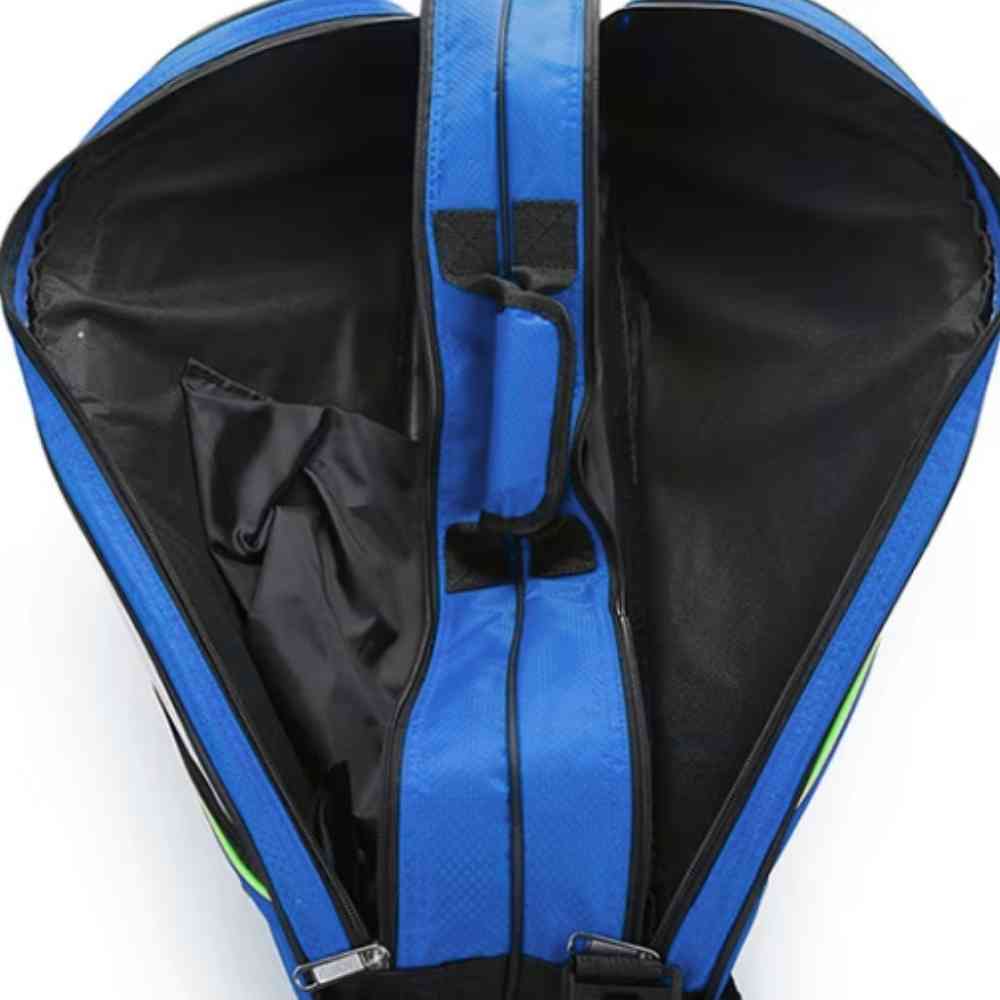 Raqueteira Yonex 3 Raquetes azul, vista interna aberta mostrando os três compartimentos principais, destacando o amplo espaço para equipamentos urbanno