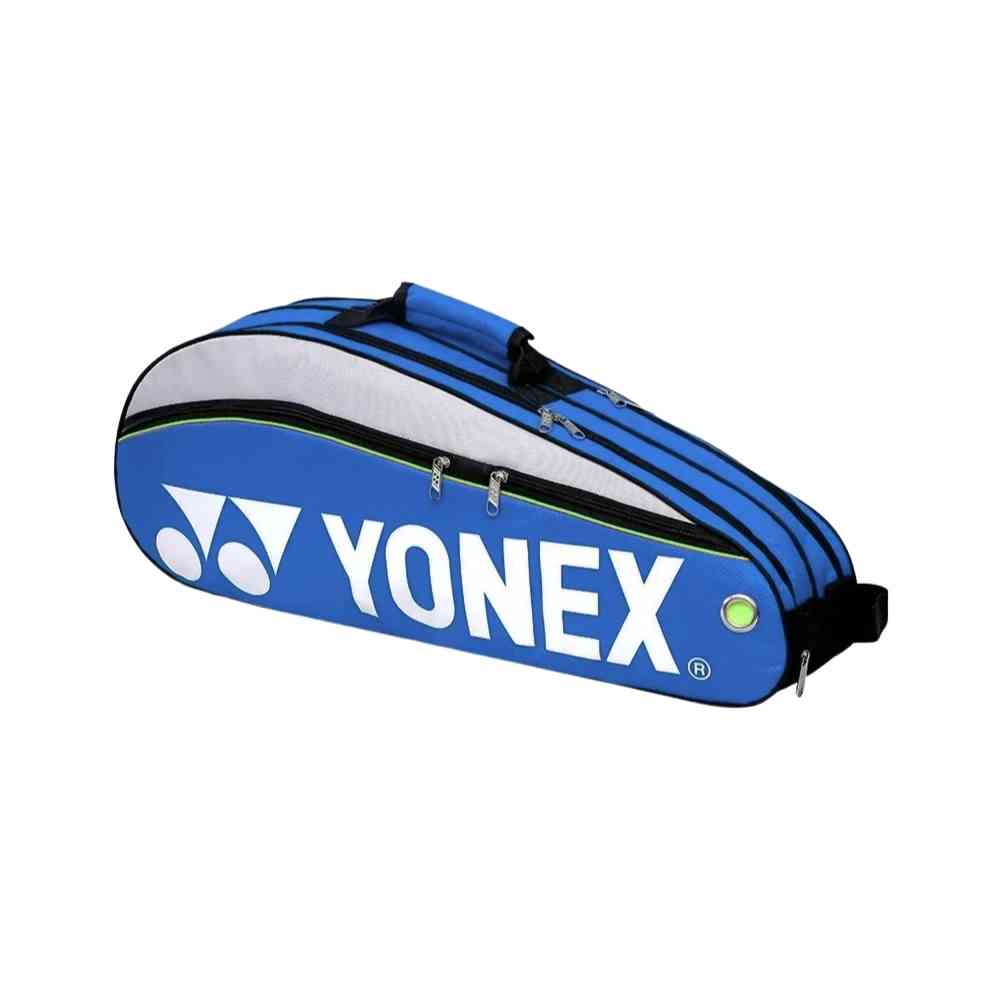 Raqueteira Yonex 3 Raquetes azul, vista frontal, com detalhes em branco e verde, e zíperes duplos, ideal para tênis e badminton urbanno