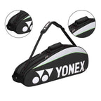 Raqueteira Yonex 3 Raquetes preta, mostrando detalhes da alça de ombro ajustável, engate resistente e alça de mão acolchoada, garantindo conforto no transporte urbanno
