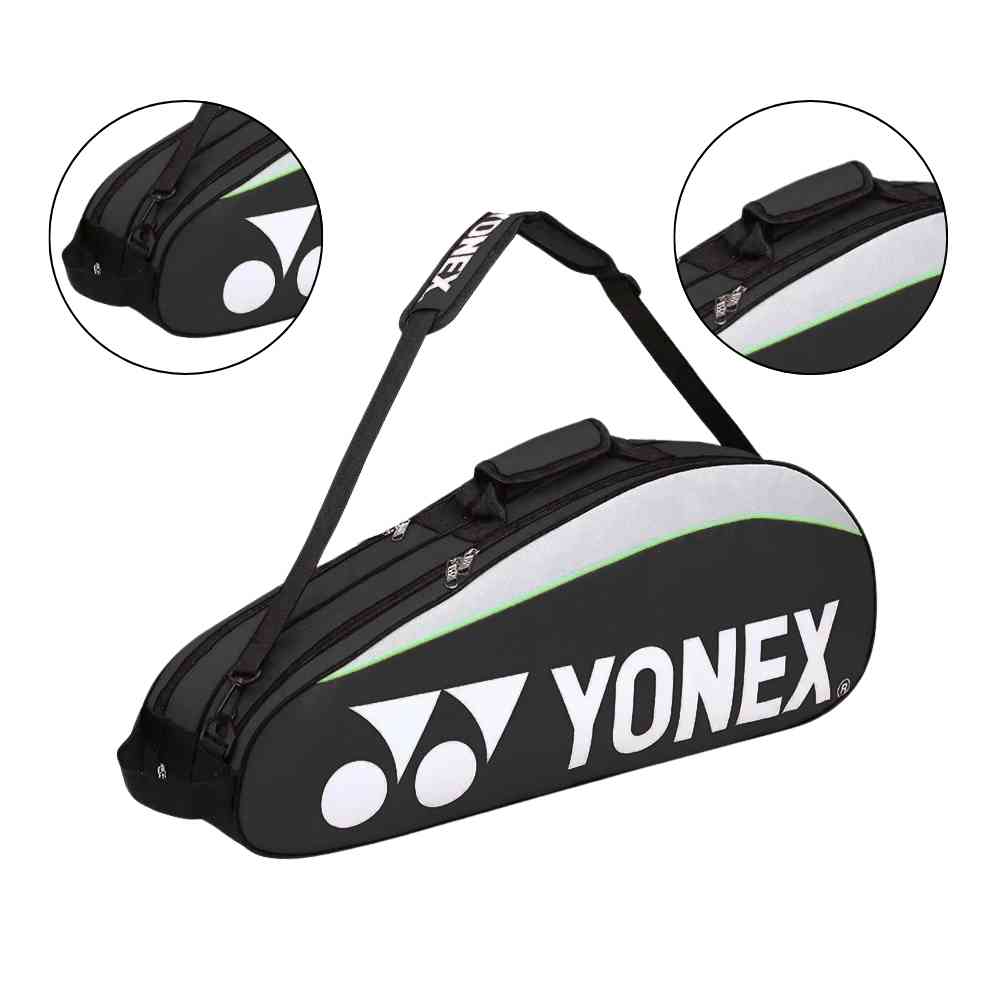 Raqueteira Yonex 3 Raquetes preta, mostrando detalhes da alça de ombro ajustável, engate resistente e alça de mão acolchoada, garantindo conforto no transporte urbanno