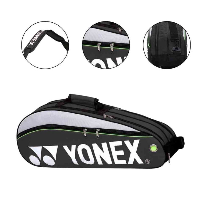 Raqueteira Yonex 3 Raquetes preta, mostrando detalhes do material, zíperes, costuras reforçadas e um sapato dentro do compartimento dedicado, destacando a organização e proteção urbanno