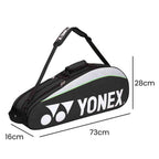 Raqueteira Yonex 3 Raquetes preta, exibindo suas dimensões de 73cm de comprimento, 28cm de altura e 16cm de largura, ideal para transporte de equipamentos urbanno