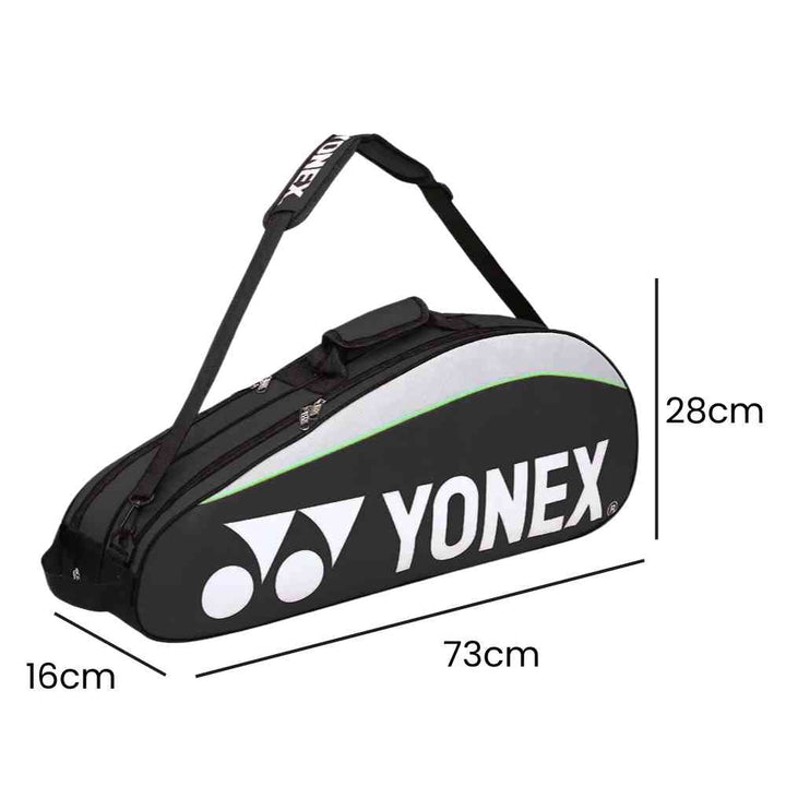 Raqueteira Yonex 3 Raquetes preta, exibindo suas dimensões de 73cm de comprimento, 28cm de altura e 16cm de largura, ideal para transporte de equipamentos urbanno