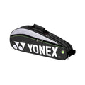 Raqueteira Yonex 3 Raquetes preta, vista frontal, com detalhes em branco e verde, e zíperes duplos, ideal para tênis e badminton urbanno