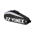 Raqueteira Yonex 3 Raquetes preta, vista frontal, com detalhes em branco e verde, e zíperes duplos, ideal para tênis e badminton urbanno