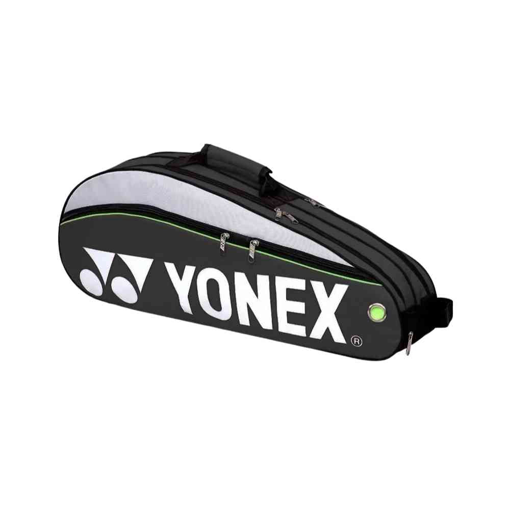 Raqueteira Yonex 3 Raquetes preta, vista frontal, com detalhes em branco e verde, e zíperes duplos, ideal para tênis e badminton urbanno