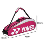 Raqueteira Yonex 3 Raquetes azul, exibindo suas dimensões de 73cm de comprimento, 28cm de altura e 16cm de largura, ideal para transporte de equipamentos urbanno