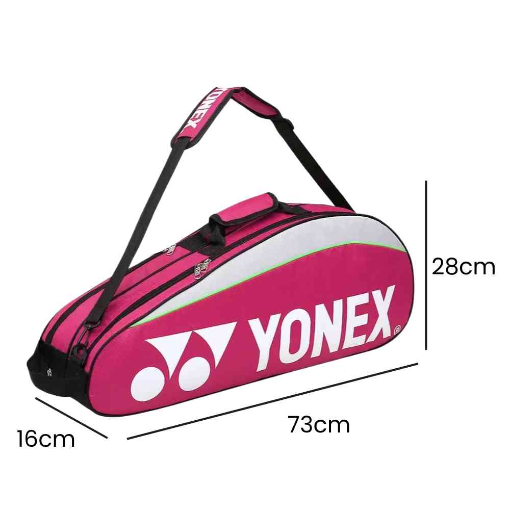 Raqueteira Yonex 3 Raquetes azul, exibindo suas dimensões de 73cm de comprimento, 28cm de altura e 16cm de largura, ideal para transporte de equipamentos urbanno