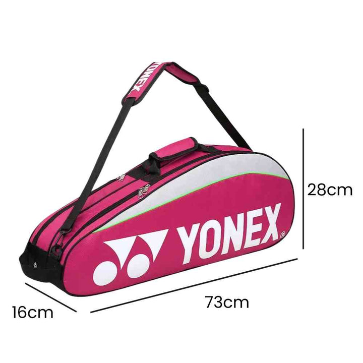 Raqueteira Yonex 3 Raquetes azul, exibindo suas dimensões de 73cm de comprimento, 28cm de altura e 16cm de largura, ideal para transporte de equipamentos urbanno