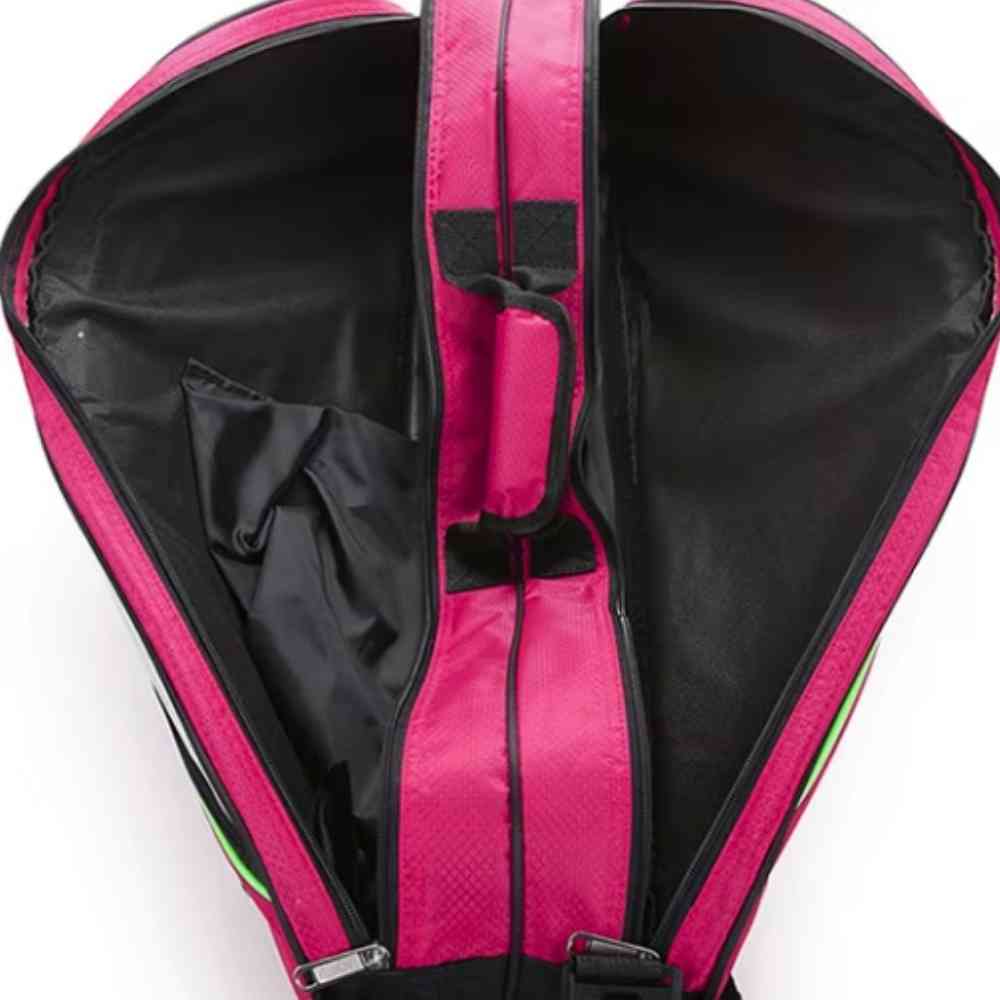Raqueteira Yonex 3 Raquetes rosa, vista interna aberta mostrando os três compartimentos principais, destacando o amplo espaço para equipamentos urbanno
