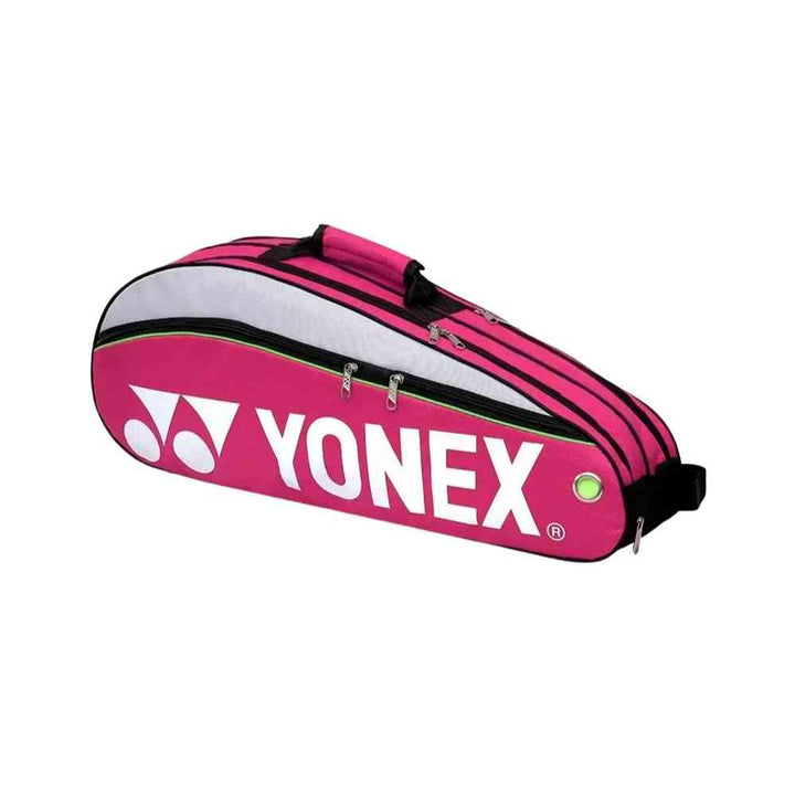 Raqueteira Yonex 3 Raquetes rosa, vista frontal, com detalhes em branco e verde, e zíperes duplos, ideal para tênis e badminton urbanno