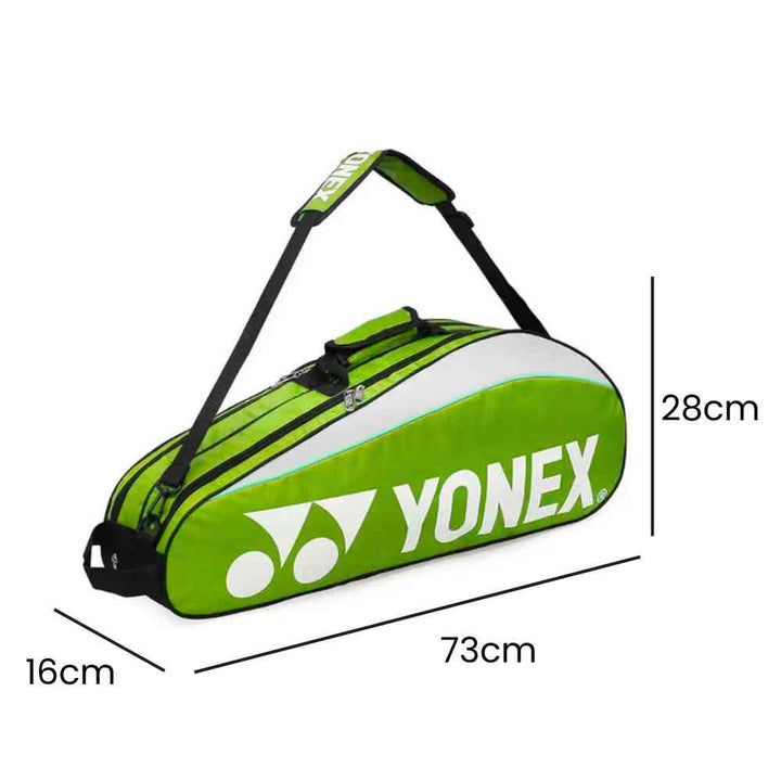 Raqueteira Yonex 3 Raquetes azul, exibindo suas dimensões de 73cm de comprimento, 28cm de altura e 16cm de largura, ideal para transporte de equipamentos urbanno