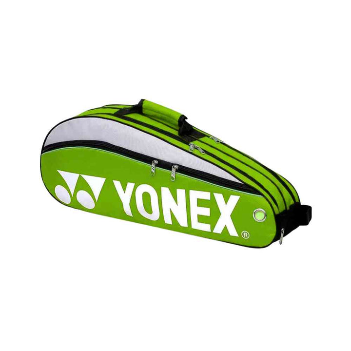 Raqueteira Yonex 3 Raquetes verde, vista frontal, com detalhes em branco e verde, e zíperes duplos, ideal para tênis e badminton urbanno