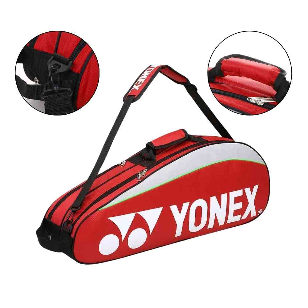 Raqueteira Yonex 3 Raquetes vermelha, mostrando detalhes da alça de ombro ajustável, engate resistente e alça de mão acolchoada, garantindo conforto no transporte urbanno