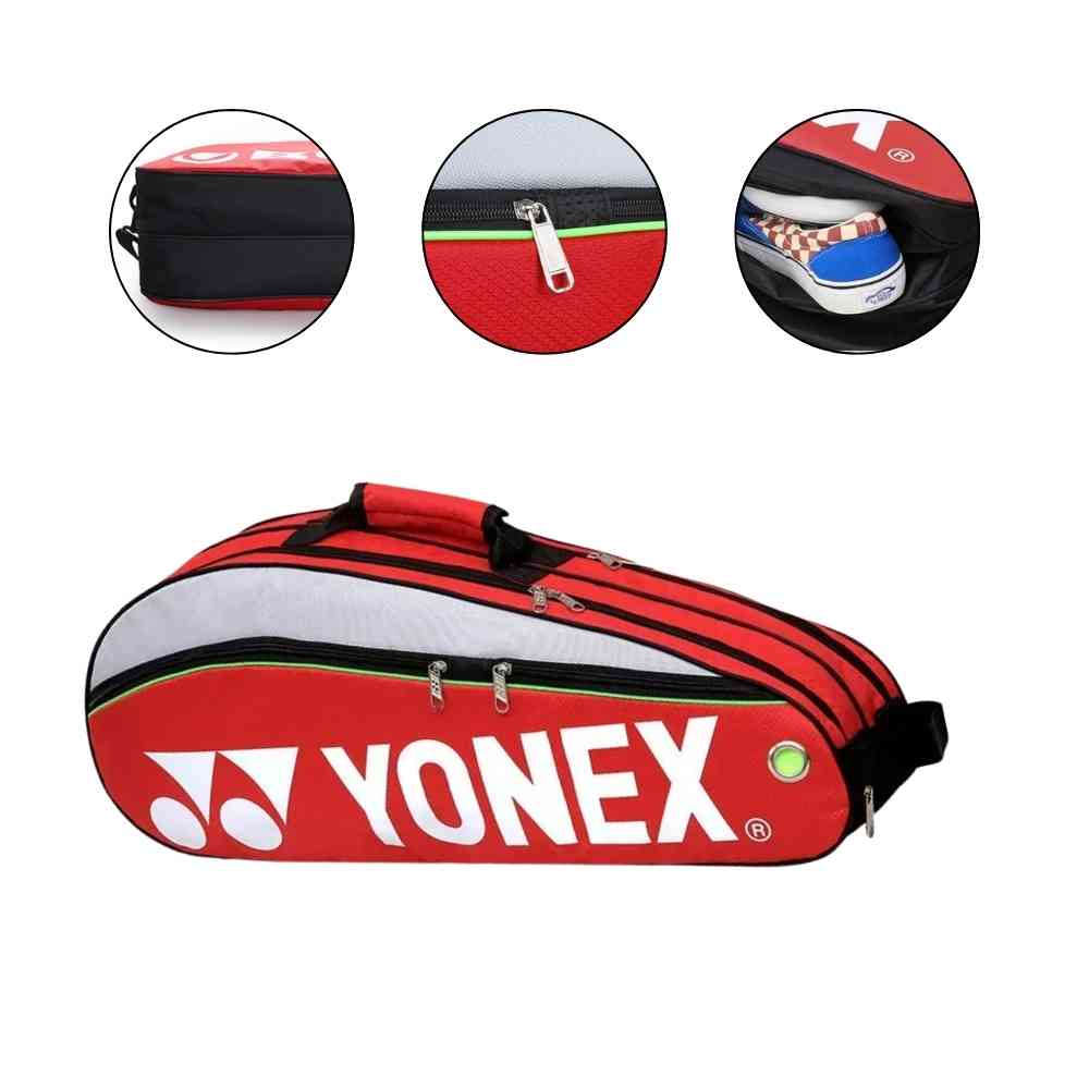 Raqueteira Yonex 3 Raquetes vermelha, mostrando detalhes do material, zíperes, costuras reforçadas e um sapato dentro do compartimento dedicado, destacando a organização e proteção urbanno