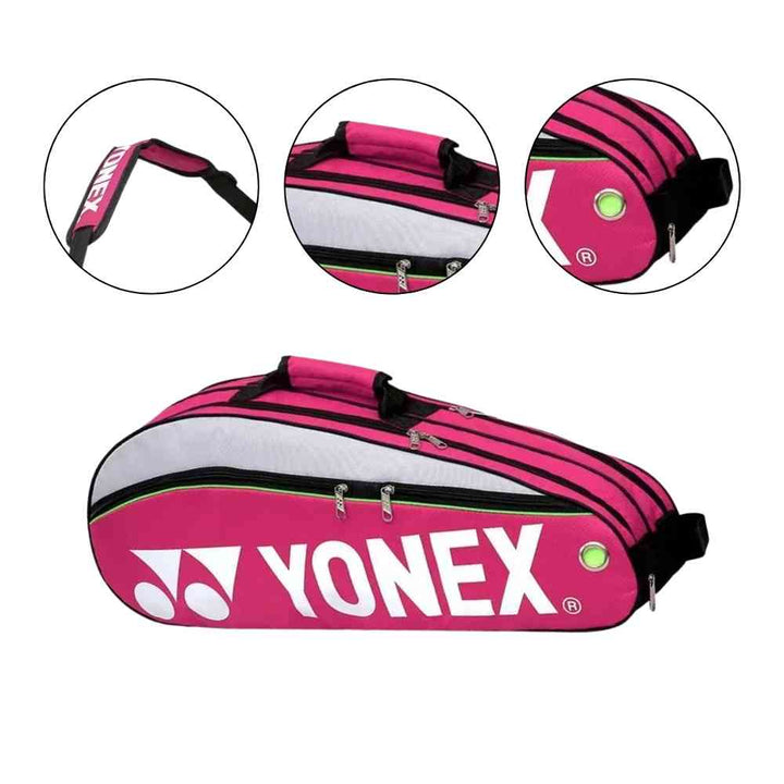 Raqueteira Yonex 3 Raquetes rosa, mostrando detalhes do material, zíperes, costuras reforçadas e um sapato dentro do compartimento dedicado, destacando a organização e proteção urbanno