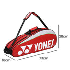 Raqueteira Yonex 3 Raquetes vermelha, exibindo suas dimensões de 73cm de comprimento, 28cm de altura e 16cm de largura, ideal para transporte de equipamentos urbanno