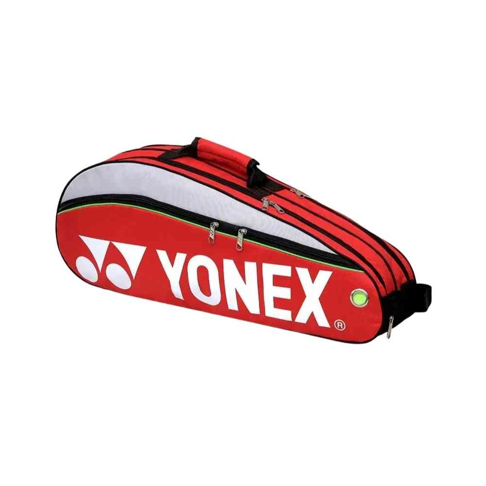 Raqueteira Yonex 3 Raquetes vermelha, vista frontal, com detalhes em branco e verde, e zíperes duplos, ideal para tênis e badminton urbanno